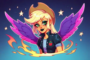 Prompt: Score_9, Score_8_up, Score_7_up, Score_6_up, Score_5_up, Score_4_up, source_cartoon, equestria girls, starry_background, evil, Midnight_applejack_(mlp),  Punk clothing.  mlp cartoon art.  bright eye makeup looks.  Black clothes, Be1nn1e, black_Lipstick, lips, pony tail, full_body, twilight sparkle has purple and pink striped hair.  Glowing Aura flames, hovering, human, batwings, SSJ,   