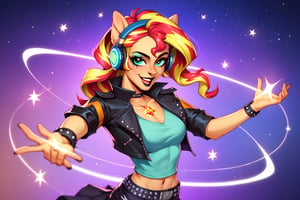 Prompt: Score_9, Score_8_up, Score_7_up, Score_6_up, Score_5_up, Score_4_up, source_cartoon, my little pony, sunset shimmer, wearing headphones, starry_background, spinning, MLP, human girl. Punk clothing.  mlp cartoon art.  pony ears, bright eye makeup looks.  Black clothes, Be1nn1e, black_Lipstick, lips, punk clothing, happy looks,  dancing, 