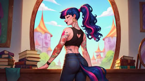 Prompt: Score_9, Score_8_up, Score_7_up, Score_6_up, Score_5_up, Score_4_up, source_cartoon, mlp, Twilight_Sparkle(mlp),  1 woman,  mlp cartoon art.  black_Lipstick, lips, pony tail on ass, cute, tattoos on arms, colorful tattoos on body, rainbow tattoo, happy,  tattooed, Tattoo_parlour_background, fully_clothed,  half_body, standing, in front of mirror, punk, ear_rings, nose_ring, long_ponytail_on_ass, twirling, dancing, facing front, spellbooks, wavy hair, 

