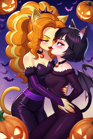  by scorpdk, scorpdk, score_9, score_8_up, score_7_up, score_6_up, score_5_up, score_4_up, source_furry, source_pony,  pony my little pony, equestria girls, 

spandex witch costume, 
catgirl costume, black cat ears, 
duo, 2women
nice red lips, 
(human succubus outfit  adagio dazzle mlp, )
(human catgirl sunset shimmer mlp, )
spinning, twirling, 
blushing, 
mascara, cat tail, touching, 
happy, 
Halloween party background, 
pumpkins, witches, black cats, bats, 
bat wings on back, 
smokey cloudy background, 
Halloween party background, 
kissing, 

bedroom eyes, evil eyes, 