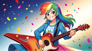  by scorpdk, scorpdk, score_9, score_8_up, score_7_up, score_6_up, score_5_up, score_4_up, source_furry, source_pony, rating_safe, humanized, equestria girls,  female, 

rainbow dash_mlp,
 


orchestra stage background, 
dancing, 
wearing rainbow gowns, 
solo, 1girl, smile,   perfect hand,

spot lights, confetti, guitar, shreadding 
