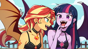 Prompt: Score_9, Score_8_up, Score_7_up, Score_6_up, Score_5_up, Score_4_up, source_cartoon, equestria girls,


vampire_twilight_sparkle_mlp, 
sunset_shimmer_mlp, 

long fangs, bloody bite marks on neck, 
duo,  jewelry, ear piercing, batwings, 
in the graveyard, wearing a bikini top, bloody neck,  vampire_eyes, pale_skin, flying, evil looks, eyes_squinted, hissing, nighttime, two females, 