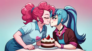  by scorpdk, scorpdk, score_9, score_8_up, score_7_up, score_6_up, score_5_up, score_4_up, source_furry, source_pony, rating_safe, humanized, equestria girls,  female, 

evil  pinkie_pie,
sonata dusk, 

bakery shop background, 
kissing, 

duo, 2girl, smile,   perfect hand,

cakes, confetty, 
