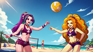  by scorpdk, scorpdk, score_9, score_8_up, score_7_up, score_6_up, score_5_up, score_4_up, source_furry, source_pony, rating_safe, humanized, equestria girls,  female, 

Adagio Dazzle,
aria blaze, 

 volleyball, 
full bikinis,

beach background, 
glowing, at the beach, 
duo, 2girl, smile,   perfect hand,


Adagio laughing, 