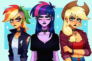 Prompt: Score_9, Score_8_up, Score_7_up, Score_6_up, Score_5_up, Score_4_up, source_cartoon, equestria girls, starry_background, evil, goth_applejack_(mlp),  goth_twilight_sparkle_(mlp), goth_rainbow_dash_(mlp), three girls,  Punk clothing.  mlp cartoon art.  bright eye makeup looks.  Black clothes, Be1nn1e, black_Lipstick, lips, pony tail,  half_body, standing, straring,   evil_punk_clothing_applejack, evil_punk_clothing_rainbow_dash, Punk clothing, Punk clothing, Punk clothing, Punk clothing, Applejack_frowning,  three women, high_quality_art, wearing_red_diamond_chokers, 