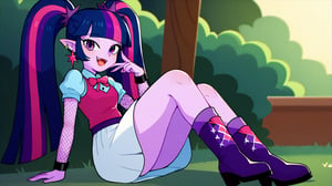 Prompt: Score_9, Score_8_up, Score_7_up, Score_6_up, Score_5_up, Score_4_up, source_cartoon, equestria girls,


twilight sparkle_mlp, 


rockof_succubus, Pale skin , tattoo, draculaura, solo, twintails, multiclored hair, pink hair, black hair, pink eyes, pointy ears, , earrings, fishnet sleeves, frilled sleeves, long sleeves, blunt bangs, monster high, pink vest, white skirt, pink knee boots, vampire fangs, 

twilight sparkle looking like draculaura in the park 