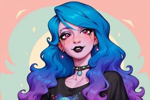 Prompt: Score_9, Score_8_up, Score_7_up, Score_6_up, Score_5_up, Score_4_up, source_cartoon,  cartoon art, goth clothing, human girl, pastel skin,

 MLP,  izzy_moonbow, my_little_pony, 


 bright eye makeup looks. Be1nn1e, black_Lipstick, lips, one pony (mid body shot:0.9),