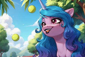 Prompt: Score_9, Score_8_up, Score_7_up, Score_6_up, Score_5_up, Score_4_up, source_cartoon,  

 MLP,  izzy_moonbow, my_little_pony, tennis_ball_on_horn,


 bright eye makeup looks. Be1nn1e, black_Lipstick, lips, one pony (mid body shot:0.9),