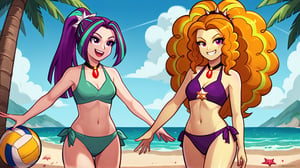  by scorpdk, scorpdk, score_9, score_8_up, score_7_up, score_6_up, score_5_up, score_4_up, source_furry, source_pony, rating_safe, humanized, equestria girls,  female, 

Adagio Dazzle,
aria blaze, 

 volleyball, 
full bikinis,

beach background, 
glowing, at the beach, 
duo, 2girl, smile,   perfect hand,


Adagio laughing, 