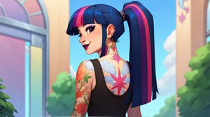 Prompt: Score_9, Score_8_up, Score_7_up, Score_6_up, Score_5_up, Score_4_up, source_cartoon, mlp, Twilight_Sparkle(mlp),  1 woman,  mlp cartoon art.  black_Lipstick, lips, pony tail on ass, cute, tattoos on arms, colorful tattoos on body, rainbow tattoo, happy,  tattooed, Tattoo_parlour_background, fully_clothed,  half_body, standing, mall_background, punk, ear_rings, nose_ring, long_ponytail_on_ass, 

