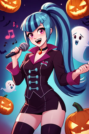  by scorpdk, scorpdk, score_9, score_8_up, score_7_up, score_6_up, score_5_up, score_4_up, source_furry, source_pony,  pony my little pony, equestria girls, 

solo, 1woman
nice red lips, 
(human witch outfit sonata dusk mlp, )

singing, microphone, musical notes, vampire teeth, 


ghosts, scared, 

Halloween party background, 
pumpkins, witches, black cats, bats, 