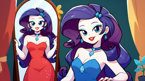 Prompt: Score_9, Score_8_up, Score_7_up, Score_6_up, Score_5_up, Score_4_up, source_cartoon, equestria girls,


rarity_mlp, 

rarity_mlp


1 woman,  mlp cartoon art.  red_Lipstick, lips, pony tail on ass, cute, happy, fully_clothed,  half_body, standing, in front of mirror, ear_rings, twirling, dancing, facing front, wavy hair, 

runway background, fashion gallery, fancy dresses, glamour, brat, cute, 

