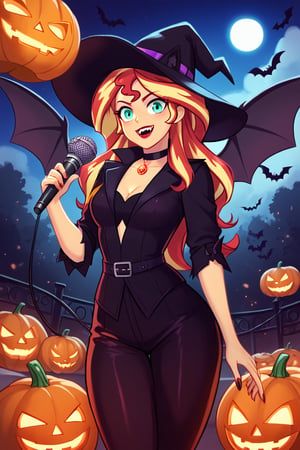  by scorpdk, scorpdk, score_9, score_8_up, score_7_up, score_6_up, score_5_up, score_4_up, source_furry, source_pony,  pony my little pony, equestria girls, 

solo, 1woman
nice red lips, 
(human witch outfit sunset shimmer mlp, )

singing, microphone, musical notes, vampire teeth,  batwings, devil horns, 


ghosts, scared, 

Halloween party background, 
pumpkins, witches, black cats, bats, 