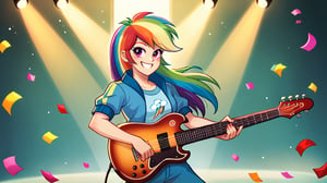  by scorpdk, scorpdk, score_9, score_8_up, score_7_up, score_6_up, score_5_up, score_4_up, source_furry, source_pony, rating_safe, humanized, equestria girls,  female, 

rainbow dash_mlp,
 


orchestra stage background, 
dancing, 
wearing rainbow gowns, 
solo, 1girl, smile,   perfect hand,

spot lights, confetti, guitar, 
