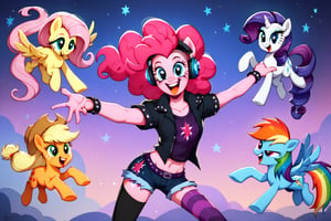 Prompt: Score_9, Score_8_up, Score_7_up, Score_6_up, Score_5_up, Score_4_up, source_cartoon, my little pony, 


mane six,  rarity, rainbow dash, pinkie pie, applejack, Twilight sparkle and fluttershy,



, wearing headphones, starry_background, spinning, MLP, human girl. Punk clothing.  mlp cartoon art.  pony ears, bright eye makeup looks.  Black clothes, Be1nn1e, black_Lipstick, lips, punk clothing, happy looks,  dancing, 