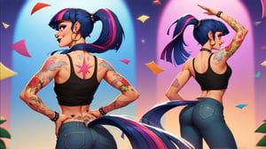 Prompt: Score_9, Score_8_up, Score_7_up, Score_6_up, Score_5_up, Score_4_up, source_cartoon, mlp, Twilight_Sparkle(mlp),  1 woman,  mlp cartoon art.  black_Lipstick, lips, pony tail on ass, cute, tattoos on arms, colorful tattoos on body, rainbow tattoo, happy,  tattooed, Tattoo_parlour_background, fully_clothed,  half_body, standing, in front of mirror, punk, ear_rings, nose_ring, long_ponytail_on_ass, twirling, dancing, 

