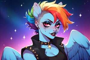 Prompt: Score_9, Score_8_up, Score_7_up, Score_6_up, Score_5_up, Score_4_up, source_cartoon, my little pony  , starry_background, Rainbow dash as a dazzling,  evil wicked Rainbow dash,  MLP, two human girl. Punk clothing.  mlp cartoon art.  pony ears, bright eye makeup looks.  Black clothes, Be1nn1e, black_Lipstick, lips, Standing on a music stage, growling face, blue skin, high_resolution