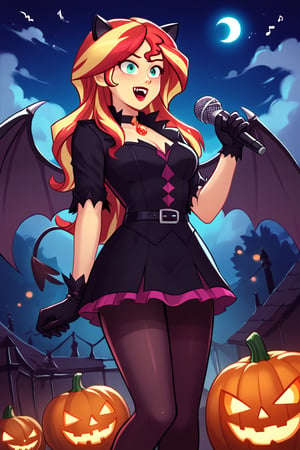  by scorpdk, scorpdk, score_9, score_8_up, score_7_up, score_6_up, score_5_up, score_4_up, source_furry, source_pony,  pony my little pony, equestria girls, 

solo, 1woman
nice red lips, 
(human witch outfit sunset shimmer mlp, )

singing, microphone, musical notes, vampire teeth,  batwings, devil horns, 


ghosts, scared, 

Halloween party background, 
pumpkins, witches, black cats, bats, 