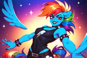 Prompt: Score_9, Score_8_up, Score_7_up, Score_6_up, Score_5_up, Score_4_up, source_cartoon, my little pony  , starry_background, Rainbow dash as a dazzling,  evil wicked Rainbow dash,  MLP, two human girl. Punk clothing.  mlp cartoon art.  pony ears, bright eye makeup looks.  Black clothes, Be1nn1e, black_Lipstick, lips, Standing on a music stage, growling face, blue skin, high_resolution