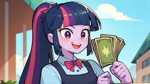 Prompt: Score_9, Score_8_up, Score_7_up, Score_6_up, Score_5_up, Score_4_up, source_cartoon, equestria girls,


twilight sparkle_mlp, 

money in fist, holding money out, facing forward, saying "Take my money!" 