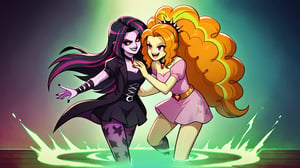  by scorpdk, scorpdk, score_9, score_8_up, score_7_up, score_6_up, score_5_up, score_4_up, source_furry, source_pony, rating_safe, humanized, equestria girls,  female, 

Adagio Dazzle,
evil dark goth fluttershy, 



colorful background, swirling,
glowing, dancing, 
duo, 2girl, smile,   perfect hand,

fluttershy looking corrupted and evil, 
Adagio laughing, 