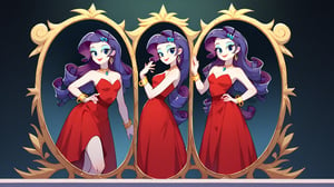 Prompt: Score_9, Score_8_up, Score_7_up, Score_6_up, Score_5_up, Score_4_up, source_cartoon, equestria girls,


rarity_mlp, 

rarity_mlp


1 woman,  mlp cartoon art.  red_Lipstick, lips, pony tail on ass, cute, happy, fully_clothed,  half_body, standing, in front of mirror, ear_rings, twirling, dancing, facing front, wavy hair, 

runway background, fashion gallery, fancy dresses, glamour, brat, 

