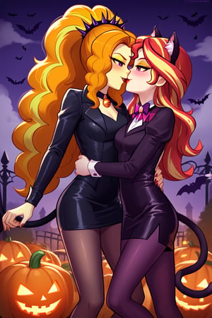  by scorpdk, scorpdk, score_9, score_8_up, score_7_up, score_6_up, score_5_up, score_4_up, source_furry, source_pony,  pony my little pony, equestria girls, 

spandex witch costume, 
catgirl costume, black cat ears, 
duo, 2women
nice red lips, 
(human succubus outfit  adagio dazzle mlp, )
(human catgirl sunset shimmer mlp, )
spinning, twirling, 
blushing, 
mascara, cat tail, 
happy, 
Halloween party background, 
pumpkins, witches, black cats, bats, 
bat wings on back, 
smokey cloudy background, 
Halloween party background, 
kissing, 

bedroom eyes, evil eyes, 