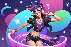 Prompt: Score_9, Score_8_up, Score_7_up, Score_6_up, Score_5_up, Score_4_up, source_cartoon, my little pony, 


Twilight_sparkle_(mlp), spinning DJ Club records,  wearing sunglasses, nightclub,



, wearing headphones, starry_background, spinning, MLP, human girl. Punk clothing.  mlp cartoon art.  pony ears, bright eye makeup looks.  Black clothes, Be1nn1e, black_Lipstick, lips, punk clothing, happy looks,  dancing, 