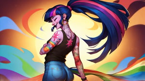 Prompt: Score_9, Score_8_up, Score_7_up, Score_6_up, Score_5_up, Score_4_up, source_cartoon, mlp, Twilight_Sparkle(mlp),  1 woman,  mlp cartoon art.  black_Lipstick, lips, pony tail on ass, cute, tattoos on arms, colorful tattoos on body, rainbow tattoo, happy,  tattooed, Tattoo_parlour_background, fully_clothed,  half_body, standing, in front of mirror, punk, ear_rings, nose_ring, long_ponytail_on_ass, twirling, dancing, facing front, spellbooks, wavy hair, 

