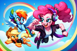 Prompt: Score_9, Score_8_up, Score_7_up, Score_6_up, Score_5_up, Score_4_up, source_cartoon, my little pony, 


mane six,  rarity, rainbow dash, pinkie pie, applejack, Twilight sparkle and fluttershy,



, wearing headphones, starry_background, spinning, MLP, human girl. Punk clothing.  mlp cartoon art.  pony ears, bright eye makeup looks.  Black clothes, Be1nn1e, black_Lipstick, lips, punk clothing, happy looks,  dancing, 