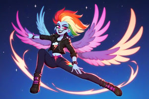 Prompt: Score_9, Score_8_up, Score_7_up, Score_6_up, Score_5_up, Score_4_up, source_cartoon, equestria girls, starry_background, evil, Midnight_rainbow_dash_(mlp),  Punk clothing.  mlp cartoon art.  bright eye makeup looks.  Black clothes, Be1nn1e, black_Lipstick, lips, pony tail, full_body, twilight sparkle has purple and pink striped hair.  Glowing Aura flames, hovering, human, batwings, SSJ,   