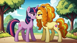  by scorpdk, scorpdk, score_9, score_8_up, score_7_up, score_6_up, score_5_up, score_4_up, source_furry, source_pony, rating_safe, pony my little pony


pony adagio_dazzle, 
pony twilight_sparkle, 
standing on all 4s, 

park background, 


duo, 2girly,   

tongue kissing, 

