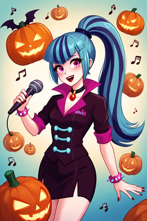  by scorpdk, scorpdk, score_9, score_8_up, score_7_up, score_6_up, score_5_up, score_4_up, source_furry, source_pony,  pony my little pony, equestria girls, 

solo, 1woman
nice red lips, 
(human witch outfit sonata dusk mlp, )

singing, microphone, musical notes, 


ghosts, scared, 

Halloween party background, 
pumpkins, witches, black cats, bats, 