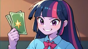 Prompt: Score_9, Score_8_up, Score_7_up, Score_6_up, Score_5_up, Score_4_up, source_cartoon, equestria girls,


twilight sparkle_mlp, 

money in fist, holding money out, facing forward, saying "Take my money!" 