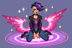 Prompt: Score_9, Score_8_up, Score_7_up, Score_6_up, Score_5_up, Score_4_up, source_cartoon, equestria girls, starry_background, evil, Midnight_applejack_(mlp),  Punk clothing.  mlp cartoon art.  bright eye makeup looks.  Black clothes, Be1nn1e, black_Lipstick, lips, pony tail, full_body, twilight sparkle has purple and pink striped hair.  Glowing Aura flames, hovering, human, batwings, SSJ,  frowning,    