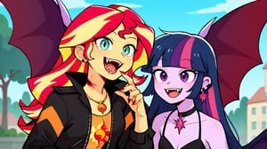 Prompt: Score_9, Score_8_up, Score_7_up, Score_6_up, Score_5_up, Score_4_up, source_cartoon, equestria girls,


vampire_twilight_sparkle_mlp, 
sunset_shimmer_mlp, 

long fangs, bloody bite marks on neck, 
duo,  jewelry, ear piercing, batwings, 
in the park, wearing a bikini top, bloody neck,  vampire_eyes, pale_skin, flying, 