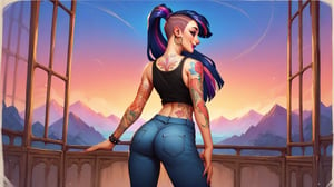 Prompt: Score_9, Score_8_up, Score_7_up, Score_6_up, Score_5_up, Score_4_up, source_cartoon, mlp, Twilight_Sparkle(mlp),  1 woman,  mlp cartoon art.  black_Lipstick, lips, pony tail on ass, cute, tattoos on arms, colorful tattoos on body, rainbow tattoo, happy,  tattooed, Tattoo_parlour_background, fully_clothed,  half_body, standing, in front of mirror, punk, ear_rings, nose_ring, long_ponytail_on_ass, twirling, dancing, facing front, 

