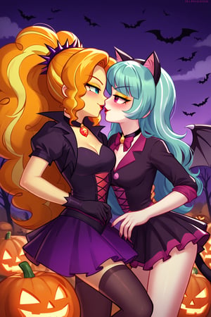  by scorpdk, scorpdk, score_9, score_8_up, score_7_up, score_6_up, score_5_up, score_4_up, source_furry, source_pony,  pony my little pony, equestria girls, 

spandex witch costume, 
catgirl costume, black cat ears, 
duo, 2women
nice red lips, 
(human succubus outfit  adagio dazzle mlp, )
(human magical girl outfit sunset shimmer mlp, )
spinning, twirling, 
blushing, 
mascara, cat tail, 
happy, 
Halloween party background, 
pumpkins, witches, black cats, bats, 
bat wings on back, 
smokey cloudy background, 
Halloween party background, 
kissing, 

bedroom eyes, evil eyes, 