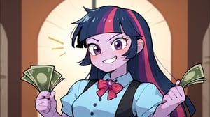 Prompt: Score_9, Score_8_up, Score_7_up, Score_6_up, Score_5_up, Score_4_up, source_cartoon, equestria girls,


twilight sparkle_mlp, 

money in fist, holding money out, facing forward, saying "Take my money!" 