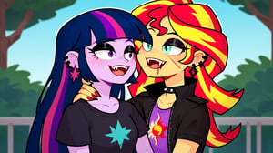 Prompt: Score_9, Score_8_up, Score_7_up, Score_6_up, Score_5_up, Score_4_up, source_cartoon, equestria girls,


vampire_twilight_sparkle_mlp, 
sunset_shimmer_mlp, 

long fangs, bloody bite marks on neck, 
duo,  jewelry, ear piercing, purple miniskirt, animal print shirt, makeup, thighhighs, eyeshadow, upclose_shot,

in the park, goth, hip hop, swirling, twirling, 