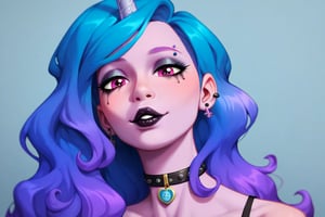 Prompt: Score_9, Score_8_up, Score_7_up, Score_6_up, Score_5_up, Score_4_up, source_cartoon,  cartoon art, goth clothing, human girl, pastel skin,

 MLP,  izzy_moonbow, my_little_pony, 


 bright eye makeup looks. Be1nn1e, black_Lipstick, lips, one pony (mid body shot:0.9),