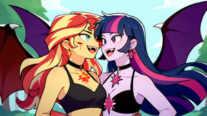 Prompt: Score_9, Score_8_up, Score_7_up, Score_6_up, Score_5_up, Score_4_up, source_cartoon, equestria girls,


vampire_twilight_sparkle_mlp, 
sunset_shimmer_mlp, 

long fangs, bloody bite marks on neck, 
duo,  jewelry, ear piercing, batwings, 
in the park, wearing a bikini top, bloody neck,  vampire_eyes, pale_skin, flying, evil looks, eyes_squinted, hissing, nighttime, 