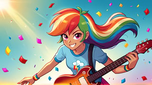  by scorpdk, scorpdk, score_9, score_8_up, score_7_up, score_6_up, score_5_up, score_4_up, source_furry, source_pony, rating_safe, humanized, equestria girls,  female, 

rainbow dash_mlp,
 


orchestra stage background, 
dancing, 
wearing rainbow gowns, 
solo, 1girl, smile,   perfect hand,

spot lights, confetti, guitar, 
