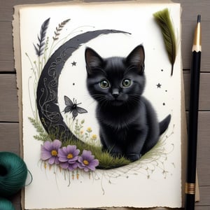 ((ultra realistic photo)), artistic sketch art, Make a little pencil sketch of a cute BLACK CAT on an old TORN EDGE paper , art, textures, pure perfection, high definition, feather around, DELICATE FLOWERS, ball of yarn, TALISMAN, grass fiber on the paper, LITTLE MOON, MOONLIGHT, TINY MUSHROOM, SPIDERWEB, BROOM, MOSS FIBER ,DELICATE CELTIC ORNAMENT, detailed calligraphy text, tiny delicate drawings