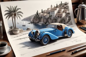 ((ultra ARTISTIC sketch)), (artistic sketch art), Make a 3d DETAILED old torn edge paper on the desk, a detailed Sketch on the paper about a little Old mediterranean village on the sea midnight time, nice view, a vintage Bugatti T20 typ car on the road, a little coffee shop, Jean-Baptiste Monge, Kukharskiy Igor, Thomas wells schaller style, ghostly,scenery, Nazar Noschenko