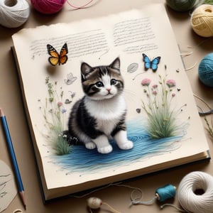 ((ultra realistic photo)), artistic sketch art, Make a little pencil sketch of a cute CAT on an old TORN EDGE paper , art, textures, pure perfection, high definition, feather around, TINY DELICATE FLOWERS, ball of yarn, cushion, grass fiber on the paper,tiny yarn fibers, Sunbeam, butterfly, tiny cat toys, detailed calligraphy texts, tiny delicate drawings,underwater