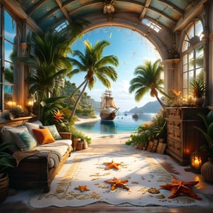 ((ultra realistic photo)), a cute disordered shabby ragged style pirate balcony on the white sand, dusty worn-out walls,spiderwebs on the wall, scattered white blanket on the sofa, creased white rug, shabby bean-bed, little treasure chest as table, huge window, great amazing view to the south pacific lagoon, , detailed beach , scattered blankets here and there, tiny delicate sea-shell, little delicate starfish, sea ,(very detailed amazing view to the tropical lagoon, SEA SHORE, PALM TREES, sailing ship, DETAILED LANDSCAPE, COLORFUL) (GOLDEN HOUR LIGHTING),Tim Burton Style