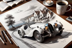  ((ultra ARTISTIC sketch)), (artistic sketch art), Make a 3d DETAILED old torn edge paper on the desk, a detailed Sketch on the paper about an Old village on the sea midnight time, nice view, a vintage Bugatti  T35 typ car on the road, a little coffee shop, Jean-Baptiste Monge, Kukharskiy Igor, Thomas wells schaller style, ghostly,scenery, Nazar Noschenko