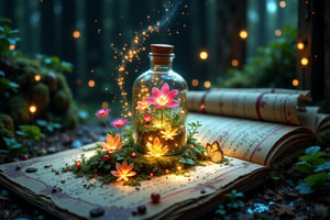 A translucent glass potion bottle filled with shimmering, magical little colorful garden with beautiful tiny flowers, sitting on top of an antique opened beautiful letter with it's pages beautifully handwritten with anchient scripts, fireflies around the bottle. SOME Tiny, vibrant LILY encircle the letter, some of them glowing softly in the dim light. One beautiful unearthly aglow tropical butterfly sitting on the letter. The bottle’s glow casts a magical aura over the scene, creating an atmosphere of forgotten spells, ancient magic, and hidden secrets. The overall scene is tranquil yet mystical, with nature reclaiming the old magical relic. The overall scene is whimsical, serene, and full of enchantment.