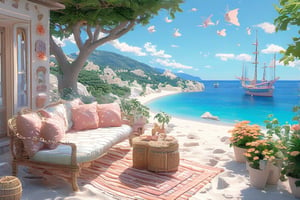 Make a 3d DETAILED little terrace, sunshade, great amazing view to the Riviera beach,white sand beach ,palm trees, sailing ship on the ocean, scattered blankets here and there, , tiny delicate starfish, sea ,very detailed amazing view to the Riviera beach, DETAILED LANDSCAPE, COLORFUL, .The highly detailed landscape, reminiscent of Jean-Jacques Sempé's whimsical illustrations from Petit Nicolas comes to life in magical deep vibrant realistic colors.